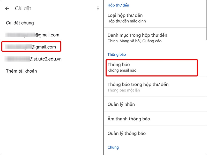 Chọn Gmail bạn muốn cài thông báo