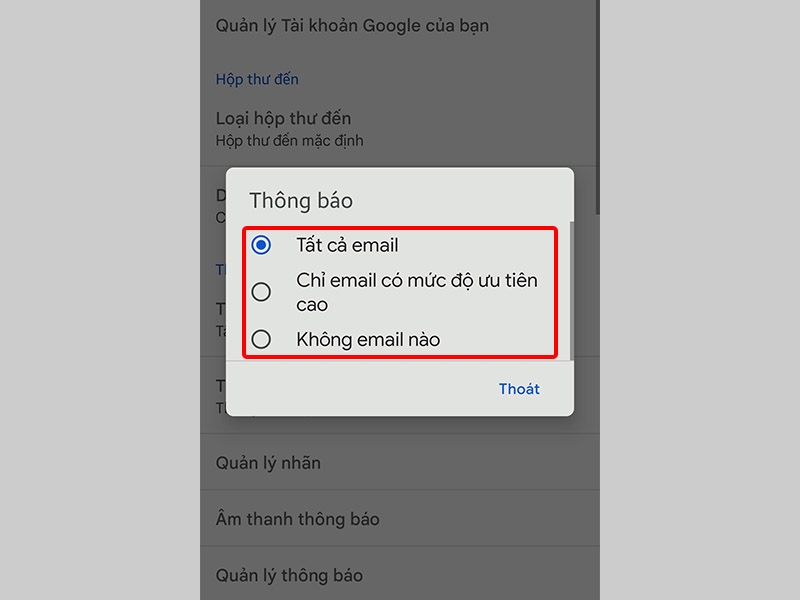 Chọn cấp độ thông báo cho Gmail