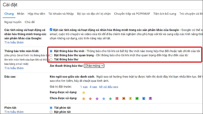 Chọn mức độ thông báo cho thư