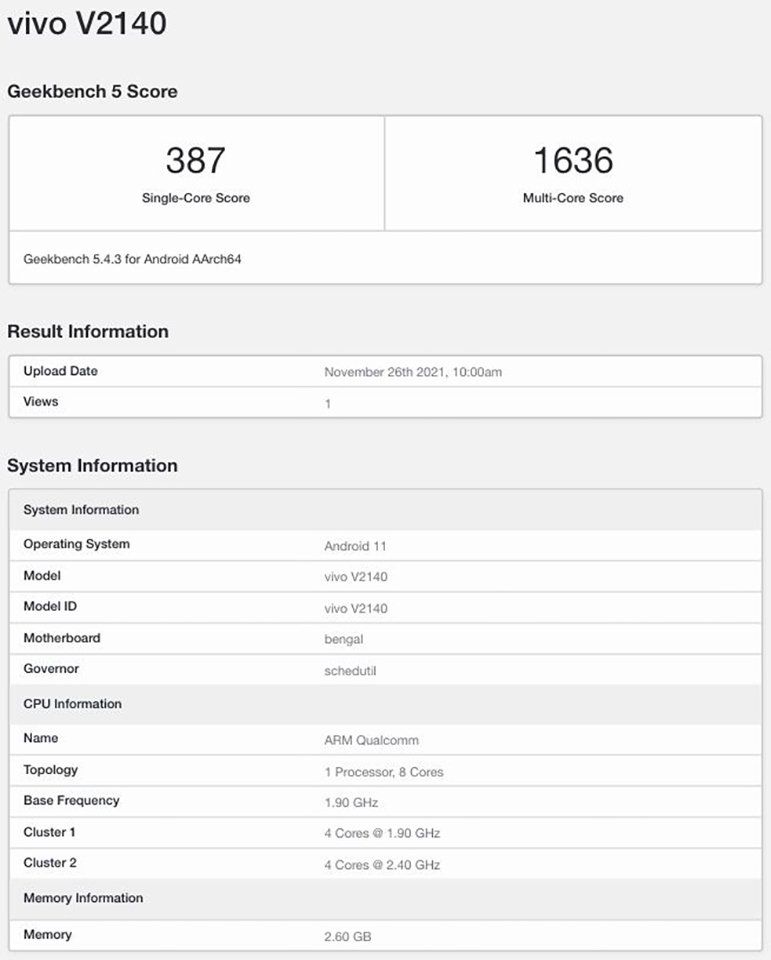 Vivo Y21e lộ cấu hình trên Geekbench Vivo Y21e lộ cấu hình trên Geekbench