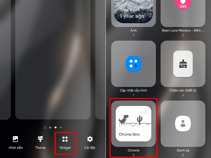 Nhấn chọn Widget và chọn Chrome Dino