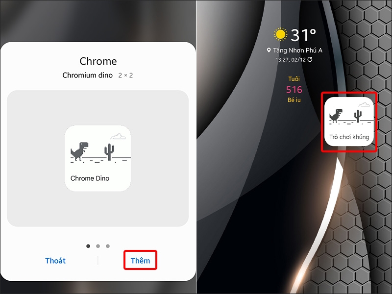 Nhấn thêm và chọn biểu tượng trò chơi khủng long để bắt đầu chơi