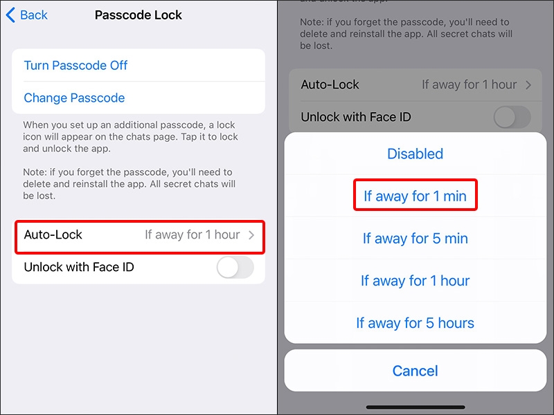 Vào mục Auto-lock để khóa ứng dụng tự động sau đó thiết lập thời gian mong muốn