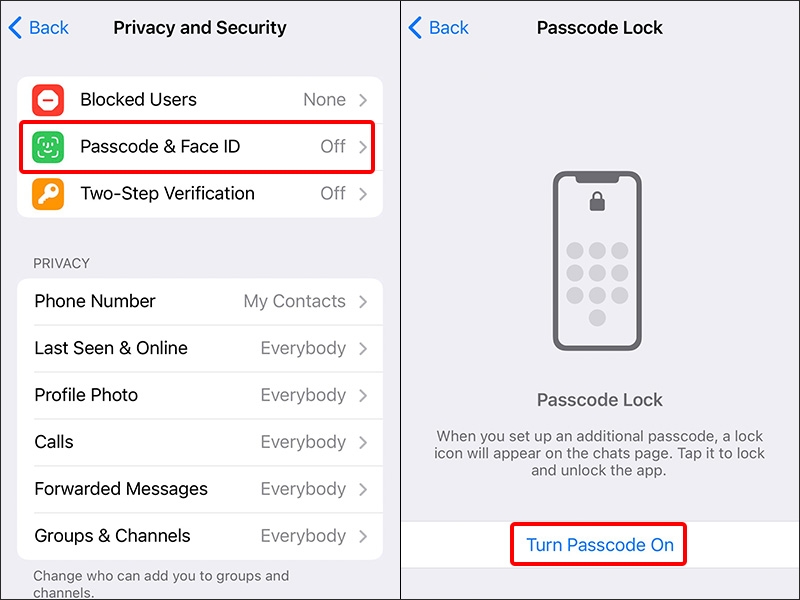 Nhấn vào mục Passcode & Face ID và chọn Turn Passcode On