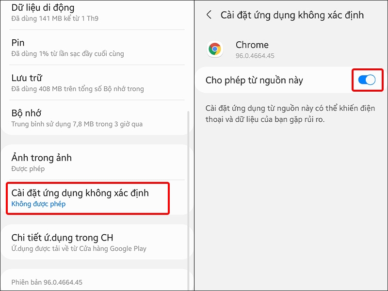 Cho phép cài đặt ứng dụng không xác định