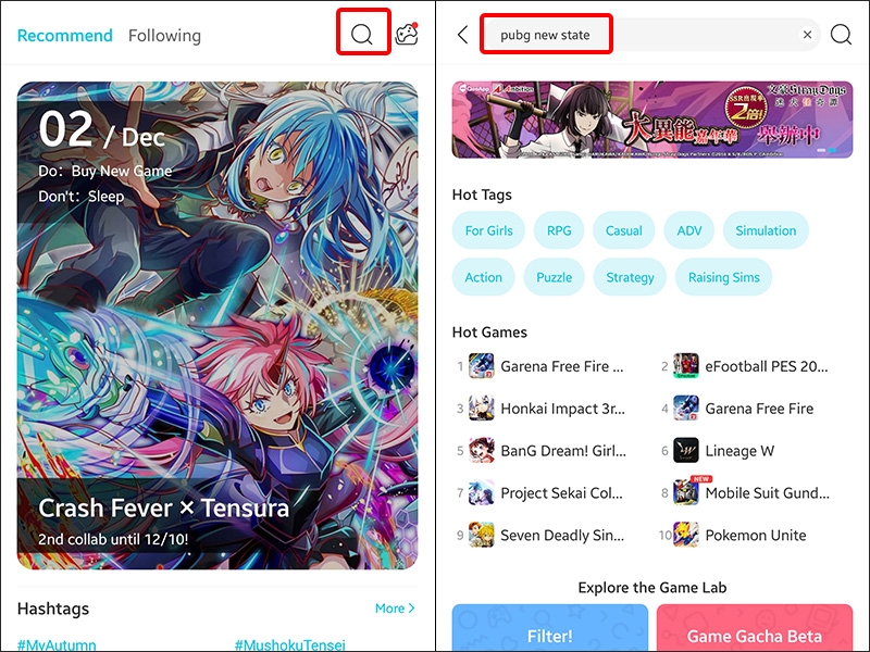Nhấn vào biểu tượng Kính lúp và nhập tên game