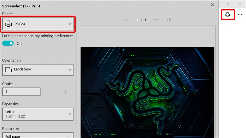 Nhấn vào biểu tượng Print và mở rộng mục Print