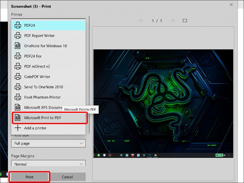 Nhấn chọn mục Microsoft Print to PDF và nhấn Print