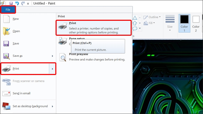 Vào File, chọn Print và chọn Print