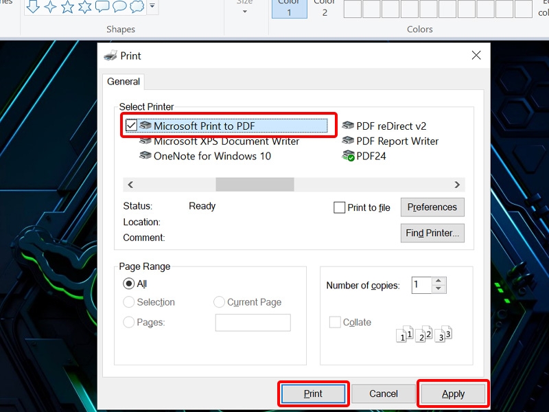 Chọn mục Microsoft Print to PDF và chọn Apply, chọn Print