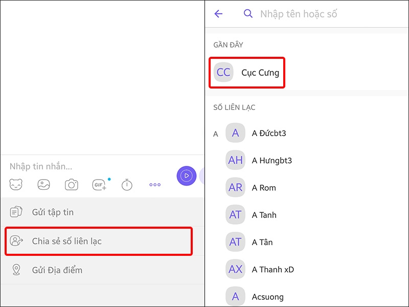 Chọn Chia sẻ số liên lạc và nhấn vào Liên hệ