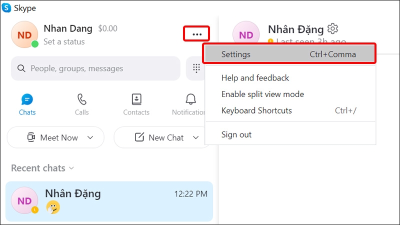 Nhấn vào biểu tượng dấu 3 chấm và chọn Settings