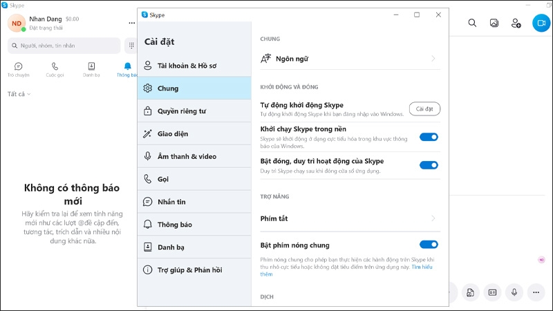 Giao diện Skype trên máy tính được chuyển sang tiếng Việt