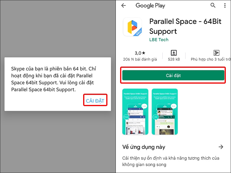 Nhấn CÀI ĐẶT và chọn Cài đặt