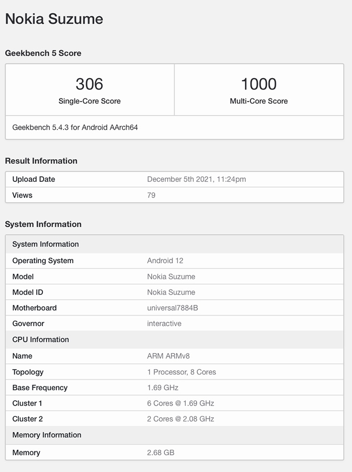Smartphone Nokia Suzume bí ẩn được phát hiện trên Geekbench với chip Exynos 7884 Smartphone Nokia Suzume bí ẩn được phát hiện trên Geekbench với chip Exynos 7884