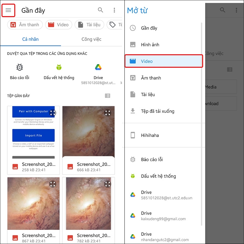 Nhấn vào 3 dấu gạch ngang và chọn Video