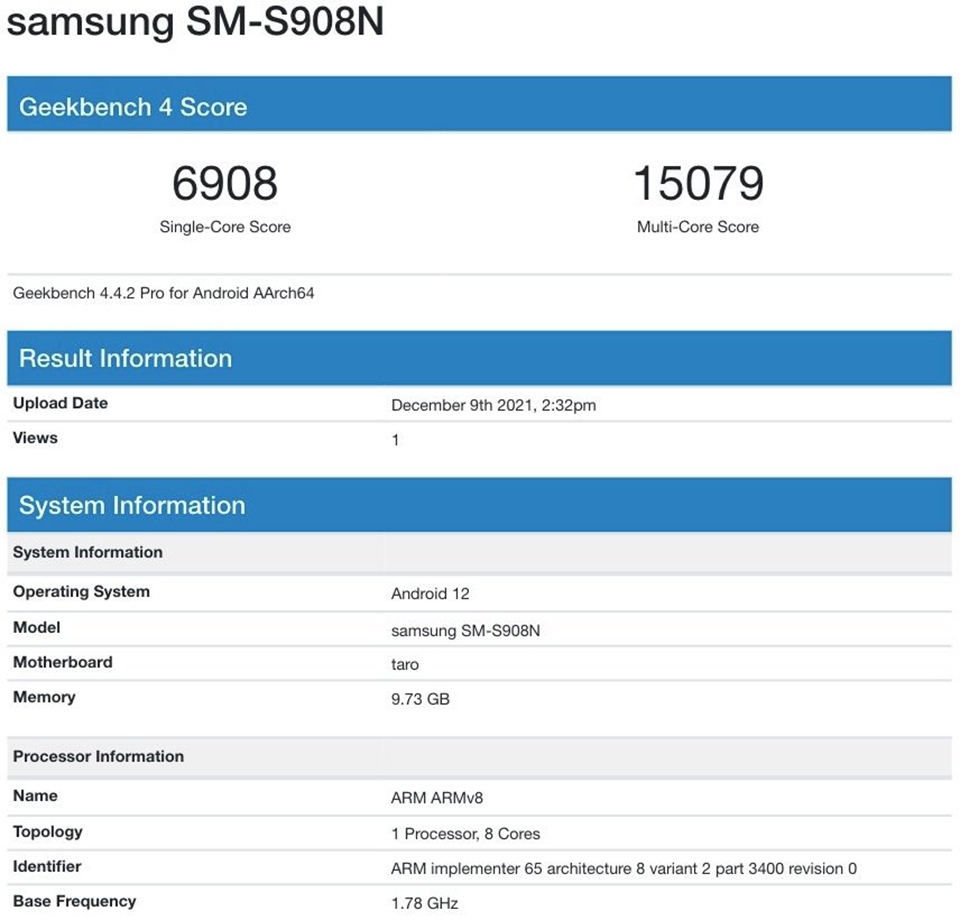 Galaxy S22 Ultra lộ cấu hình trên Geekbench