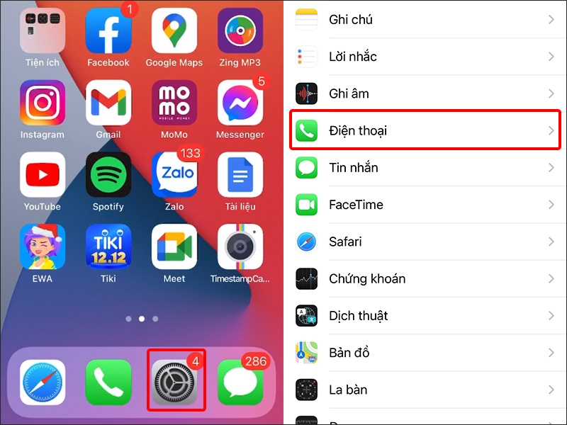 Vào Cài đặt và chọn Điện thoại