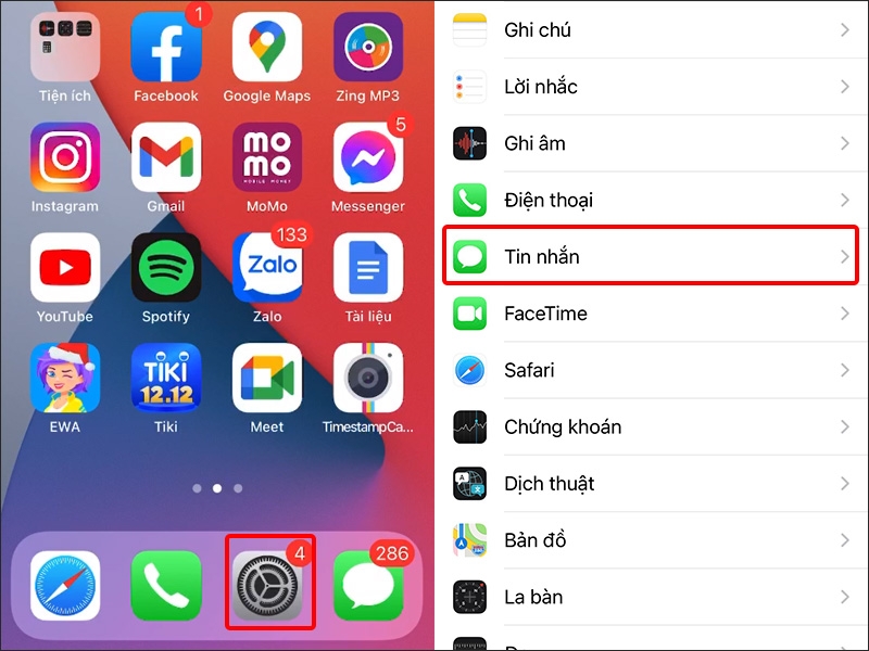 Vào Cài đặt và chọn Tin nhắn