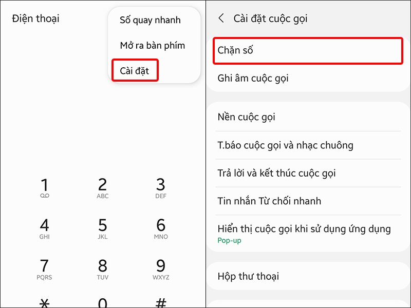 Chọn Cài đặt và nhấn Chặn số