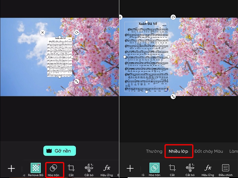 Nhấn vào Hòa trộn và chọn Nhiều lớp