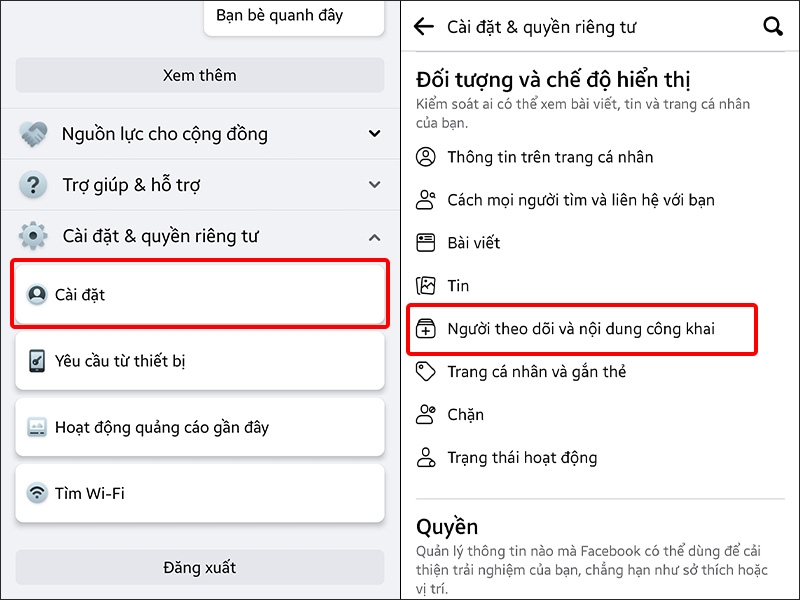 Chọn Cài đặt và nhấn vào Người theo dõi và nội dung công khai