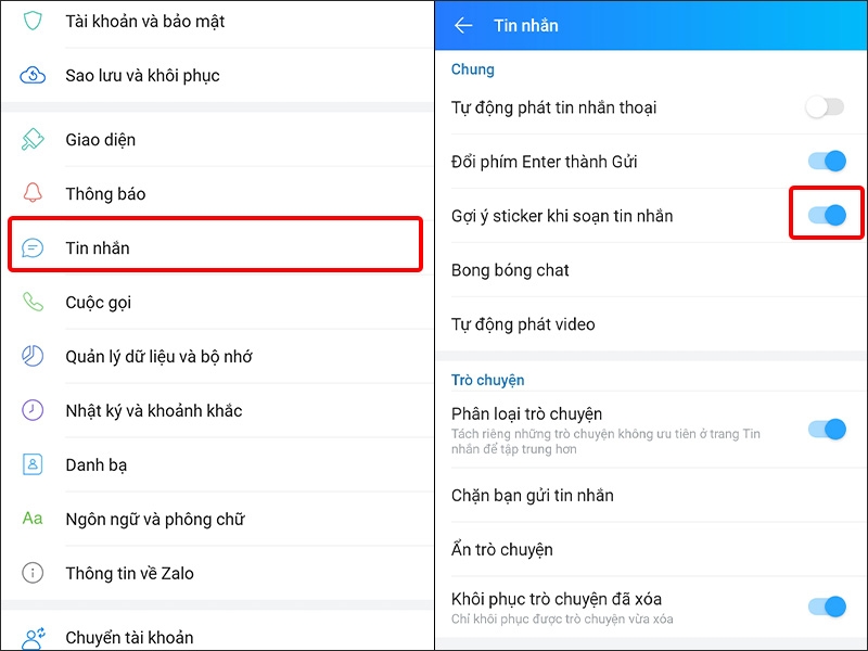 Chọn Tin nhắn và Bật gợi ý Sticker