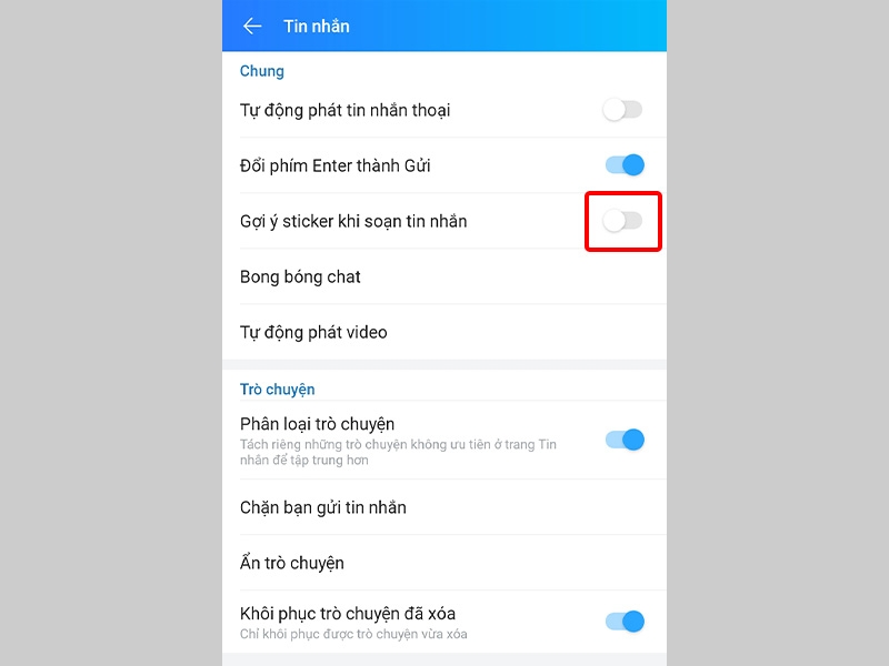 Tắt gợi ý Sticker