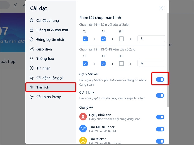Nhấn Tiện ích và chọn Gợi ý Sticker