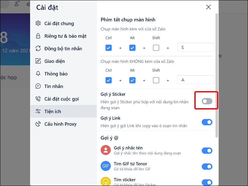 Tắt gợi ý Sticker