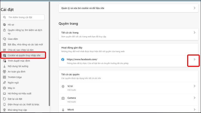 Nhấn vào mũi tên bên phải trang web bạn muốn