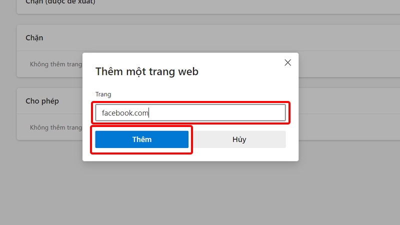 Nhập URL trang web bạn muốn và chọn Thêm