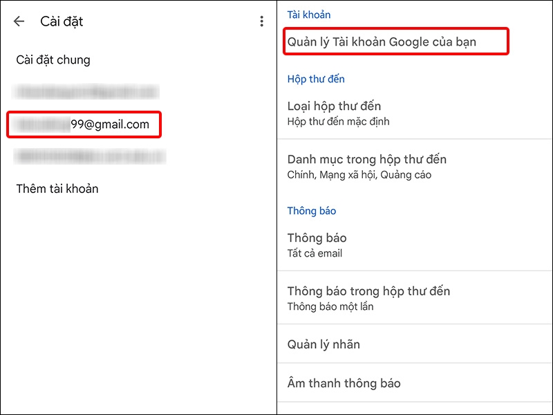 Chọn Tài khoản Gmail bạn sử dụng và nhấn vào Quản lý Tài khoản Google của bạn