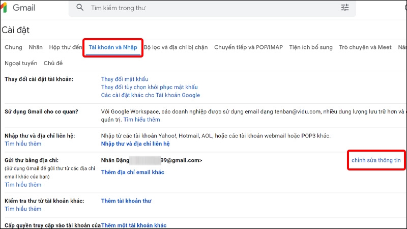 Chọn Tài khoản và Nhập sau đó nhấn chỉnh sửa thông tin