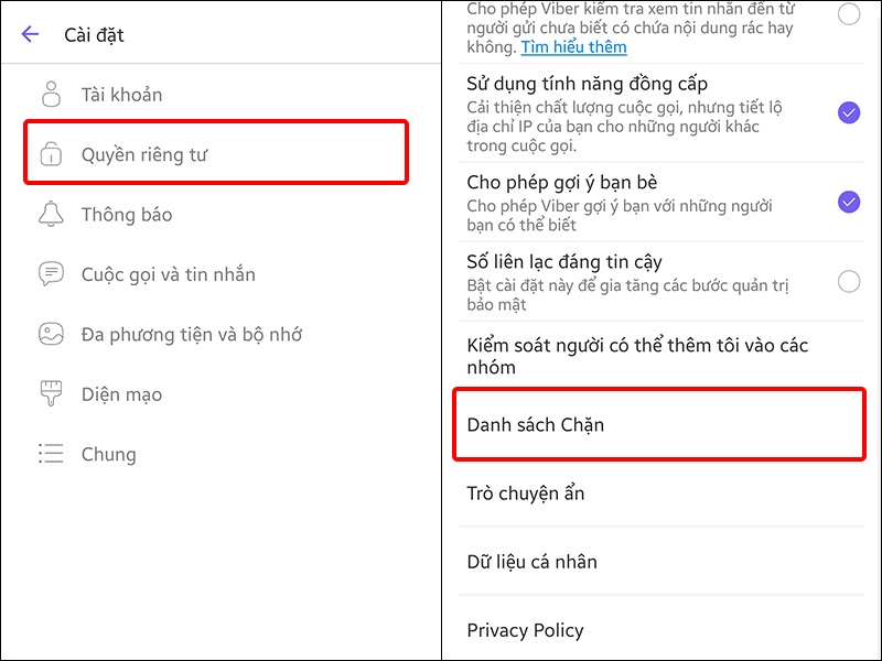 Nhấn Quyền riêng tư và chọn Danh sách chặn