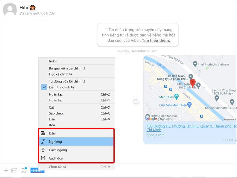 Nhấn chuột phải vào đoạn chat và chọn kiểu chữ mong muốn