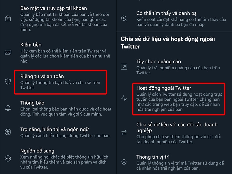 Nhấn vào Riêng tư và an toàn chọn Hoạt động ngoài Twitter