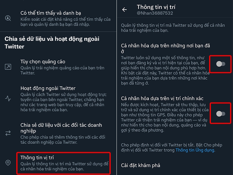 Nhấn vào Thông tin vị trí và tắt những tùy chọn trong mục này đi