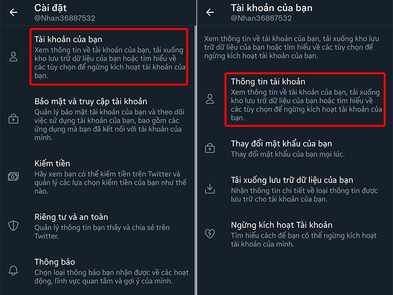 Nhấn vào Tài khoản của bạn và chọn Thông tin tài khoản