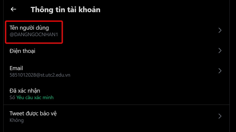 Nhấn vào Tên người dùng