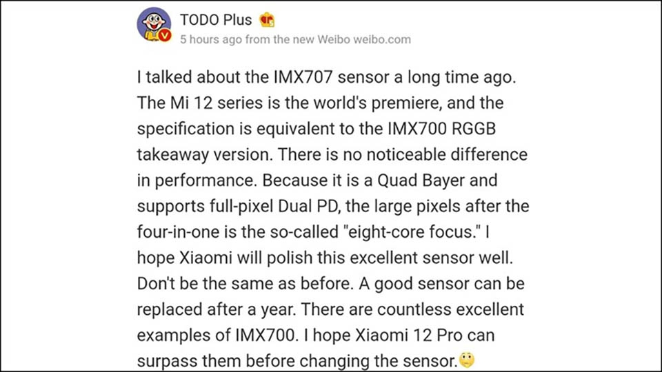 Xiaomi 12 Pro sẽ sử dụng cảm biến Sony IMX707 (ảnh 2) Xiaomi 12 Pro sẽ sử dụng cảm biến Sony IMX707 (ảnh 2)