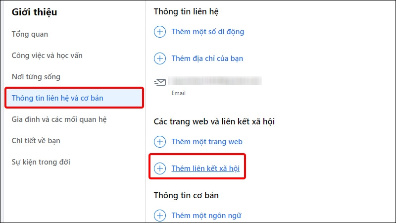 Chọn Thông tin liên hệ và cơ bản và Thêm liên kết xã hội