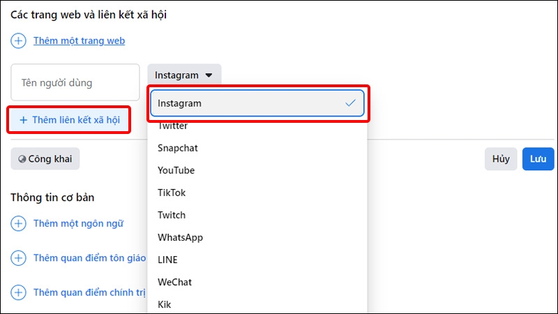 Nhấn vào Thêm liên kết xã hội và chọn Instagram
