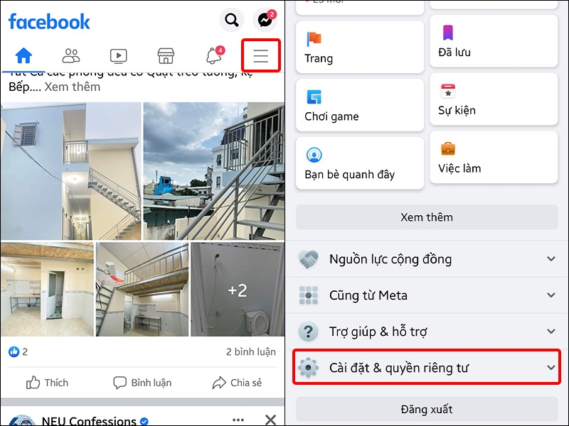Nhấn vào biểu tượng 3 gạch ngang và chọn Cài đặt quyền riêng tư