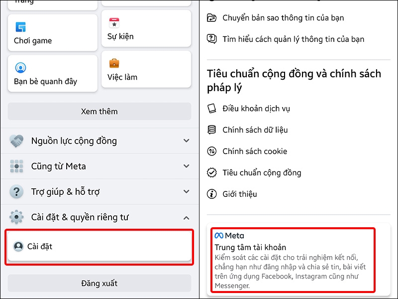 Chọn Cài đặt sau đó cuộn xuống dưới và nhấn vào Trung tâm tài khoản