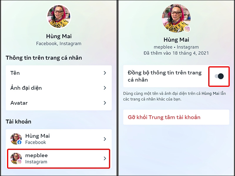 Chọn tài khoản Instagram của bạn và tắt chức năng đồng bộ