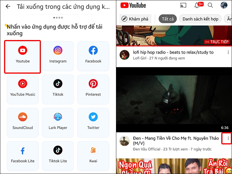 Chọn ứng dụng Youtube và nhấn vào dấu ba chấm video bạn chọn