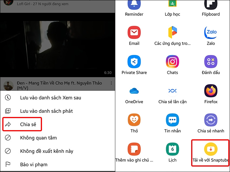 Nhấn vào Chia sẻ và chọn Tải về với Snaptube