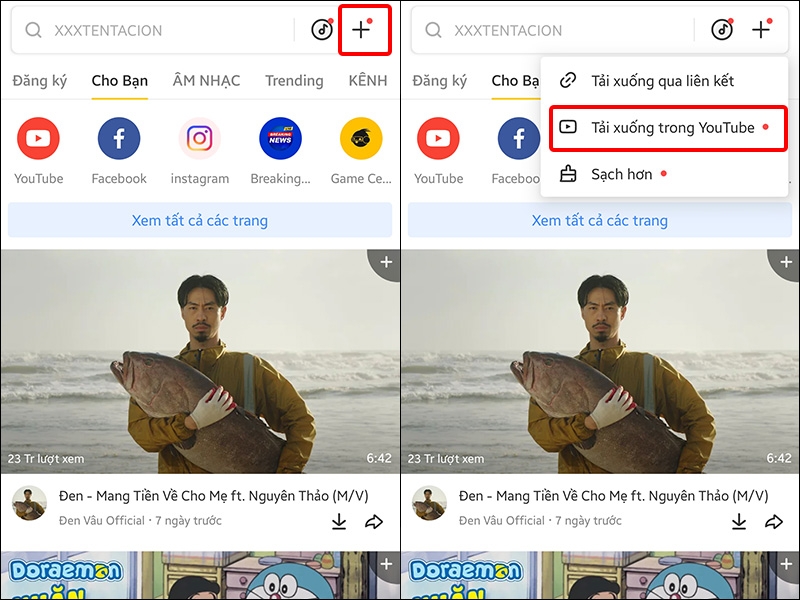 Nhấn vào biểu tượng dấu + và nhấn Tải xuống video trong Youtube