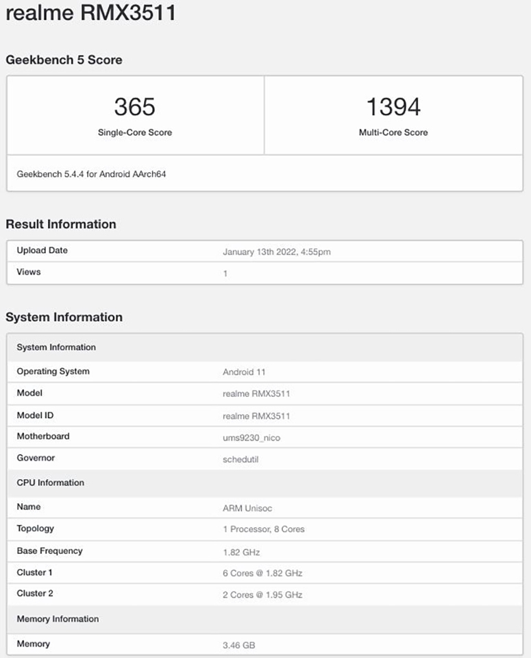 Realme C35 được phát hiện trên Geekbench với RAM 4GB, chạy Android 11 Realme C35 được phát hiện trên Geekbench với RAM 4GB, chạy Android 11